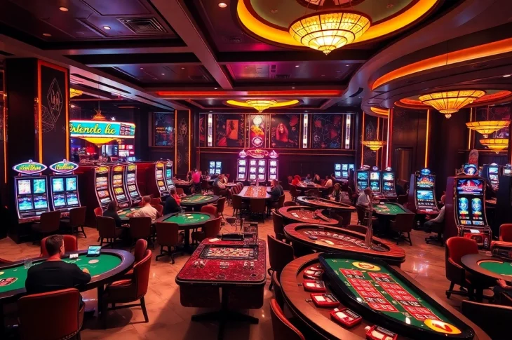 Monsino Casino's thrilling gaming atmosphere with players at roulette and poker tables.