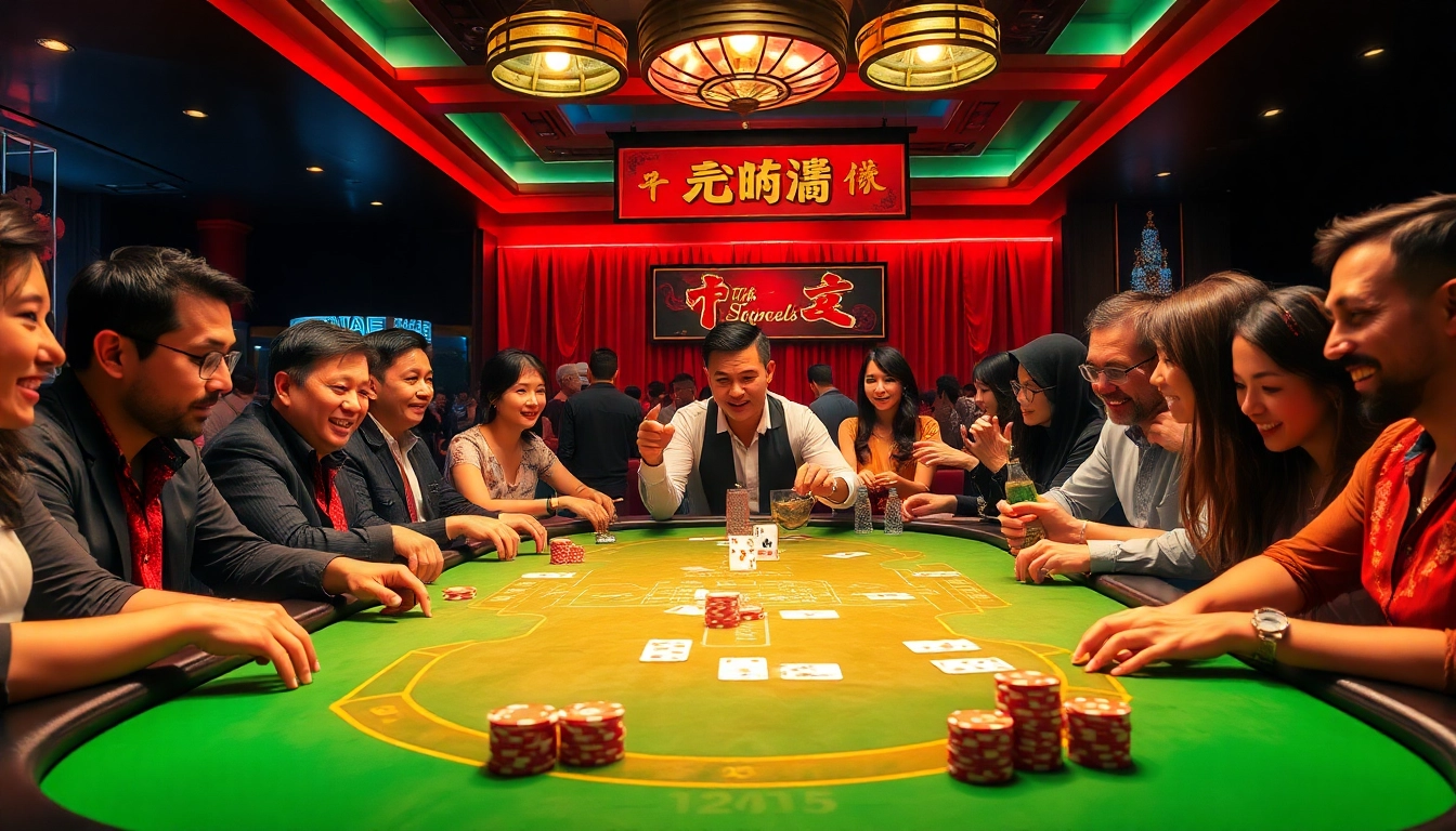 Dynamic เสือมังกร game scene with players and glimmering casino chips.