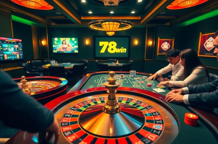 Players enjoying their experience at nhà cái 78win's online casino, featuring a vibrant roulette wheel and poker setup.