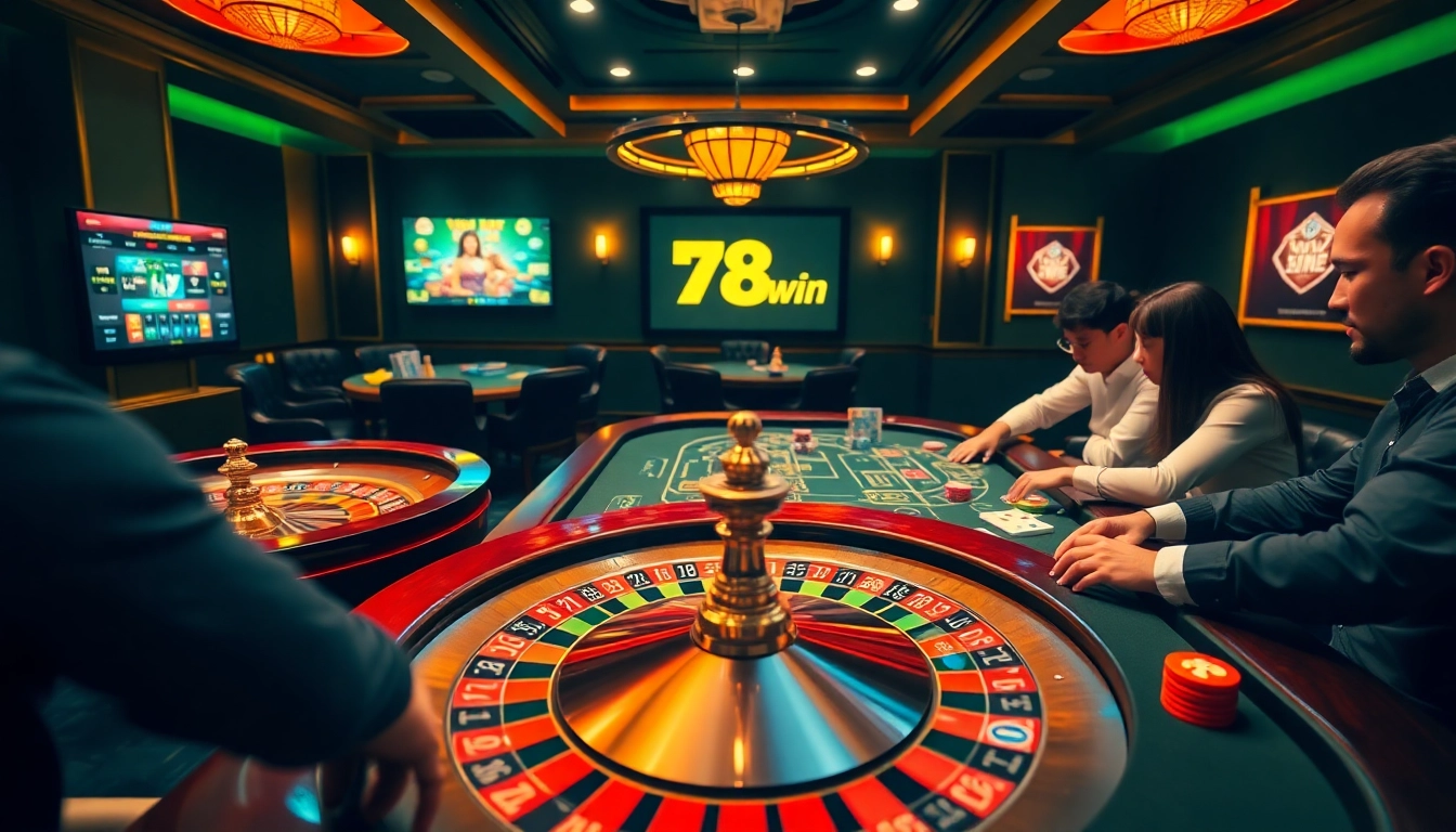Players enjoying their experience at nhà cái 78win's online casino, featuring a vibrant roulette wheel and poker setup.