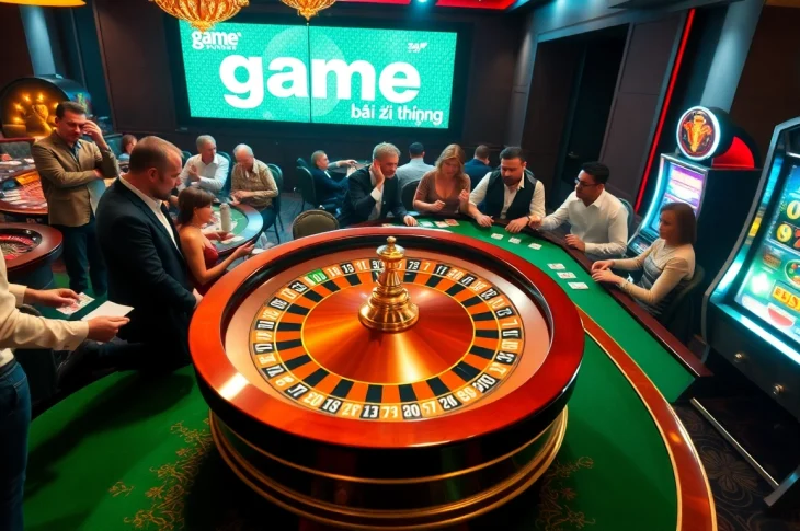 Engaging players enjoying game bài đổi thưởng at a bustling casino with roulette, poker, and slots.