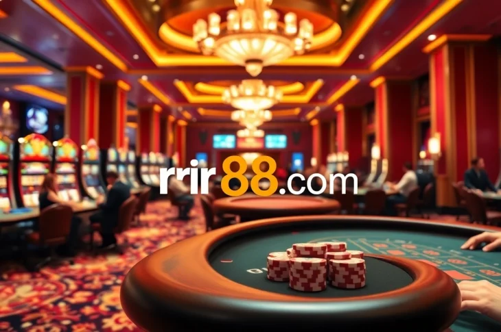 Experience thrilling gameplay at rr88 com casino with players enjoying blackjack and roulette in a luxurious setting.