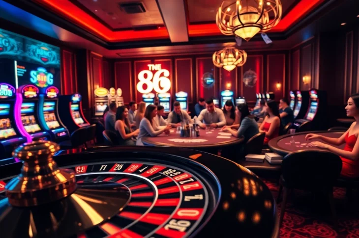 Join the thrill at https://68gamebai.download/ with a lively casino scene featuring spinning roulette and excited players!