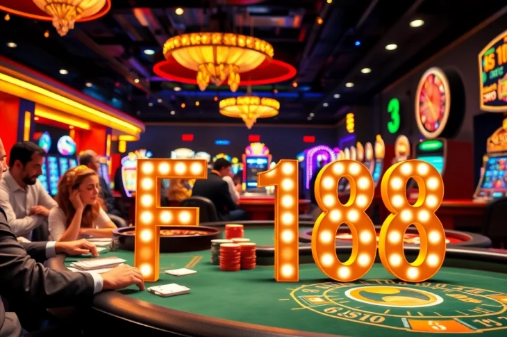 F168 gaming table amidst a vibrant casino scene with players, chips, and cards.