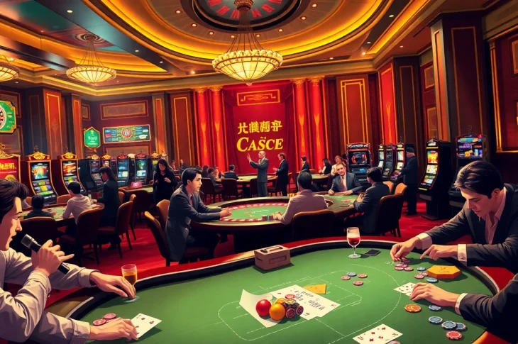 Exciting casino scene featuring players at a poker table with 'kèo nhà cái' betting slips, showcasing thrilling gambling action.