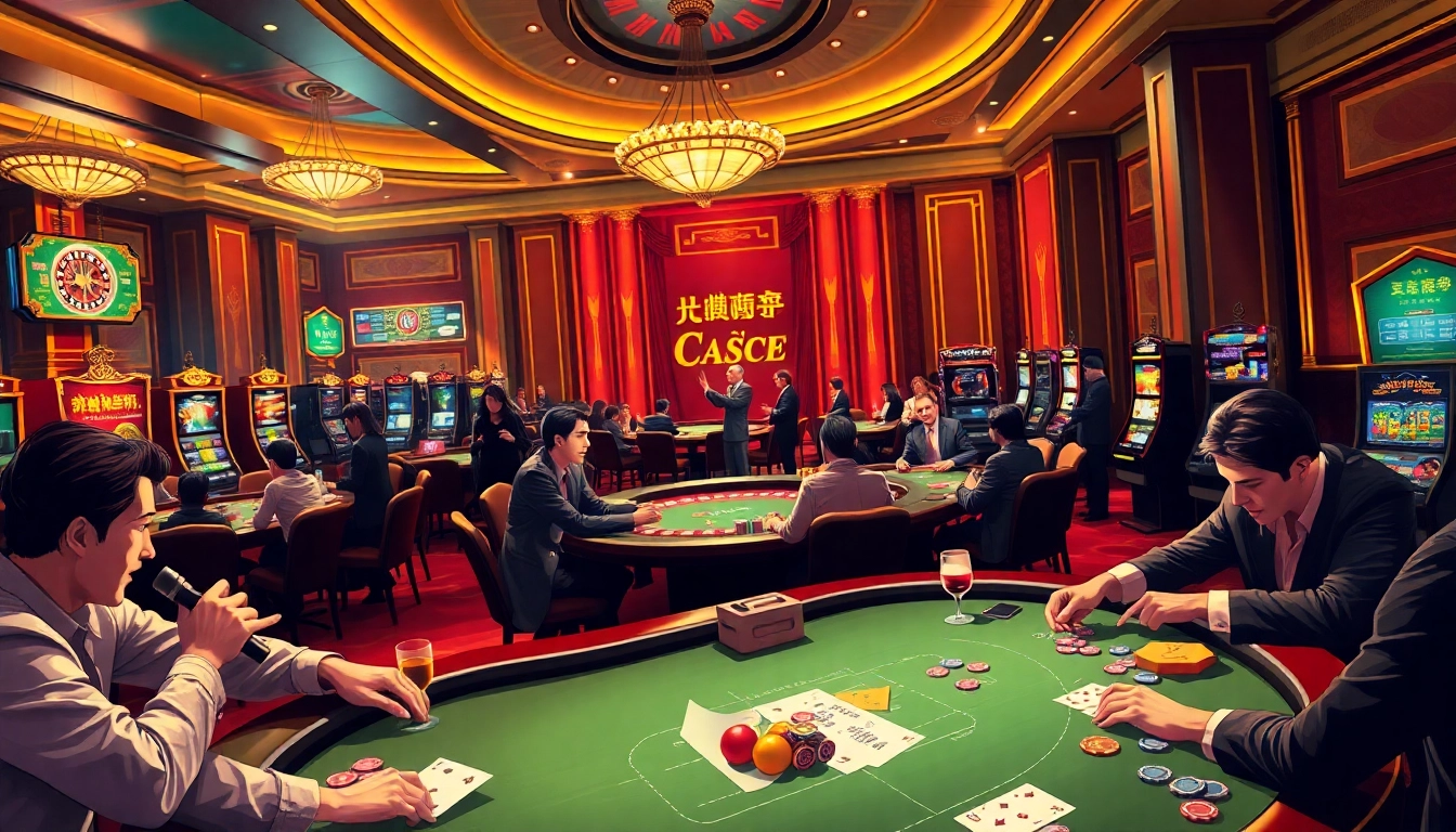 Exciting casino scene featuring players at a poker table with 'kèo nhà cái' betting slips, showcasing thrilling gambling action.