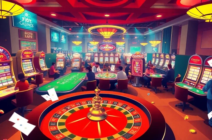 Keonhacai strategies at a lively casino with poker tables and vibrant slot machines.