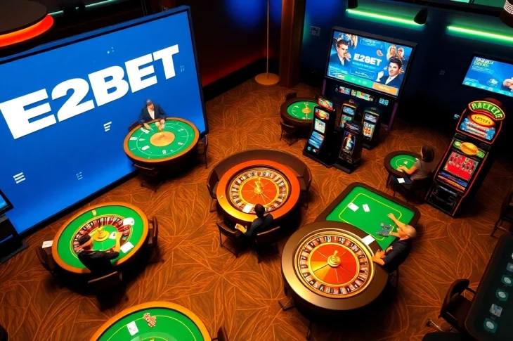 E2BET online casino interface with players at poker tables and roulette wheels, showcasing vibrant gameplay.