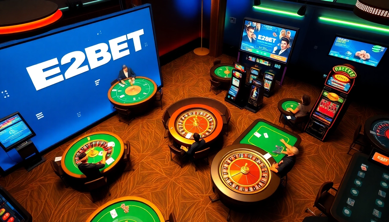 E2BET online casino interface with players at poker tables and roulette wheels, showcasing vibrant gameplay.