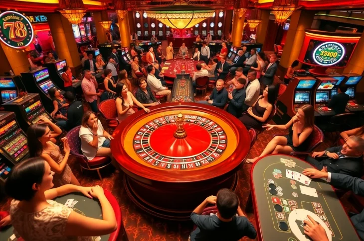 Experience thrilling casino excitement at https://78winone.com/ with players at roulette tables and vibrant slot machines.