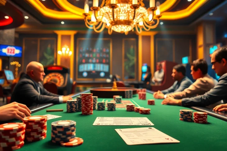 Experience the thrill of casino gaming with engaging players at a poker table at https://123bvi.org/ featuring vibrant chips and cards.