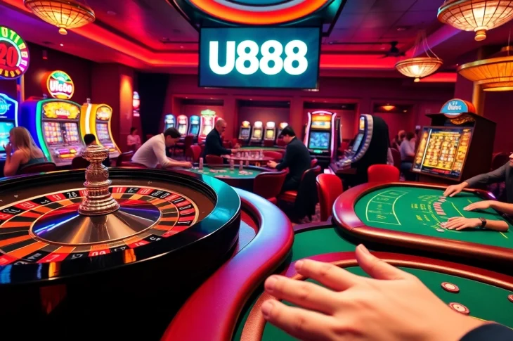Enthusiastic players engage in gambling at U888's vibrant casino, with roulette and poker action.