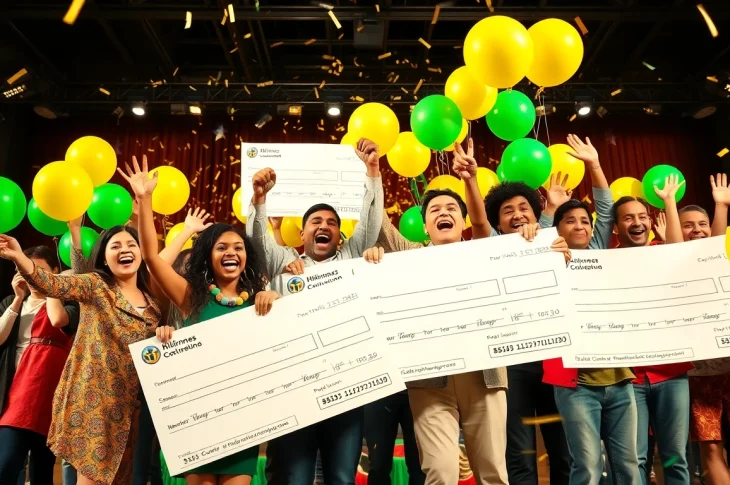 Celebrating lottery winners holding oversized checks and colorful balloons.