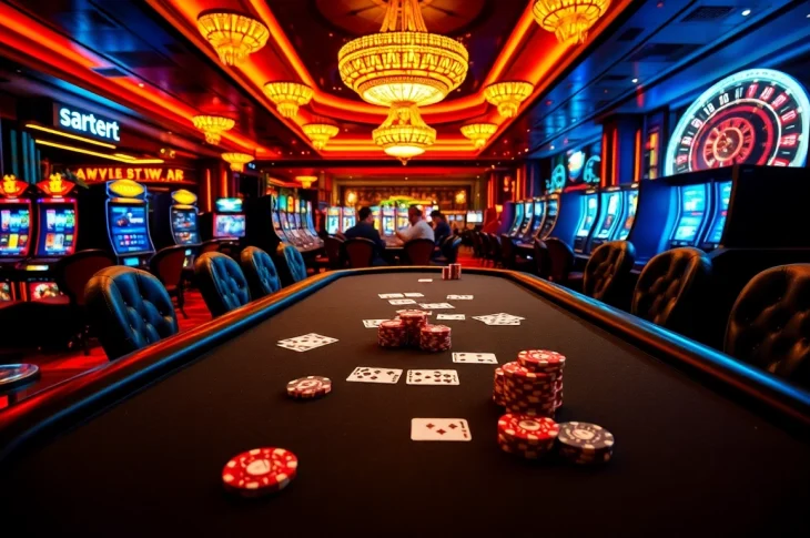 Experience the thrill of a high-stakes poker game at https://nohu90g.com, showcasing vibrant chips and cards in an upscale casino setting.