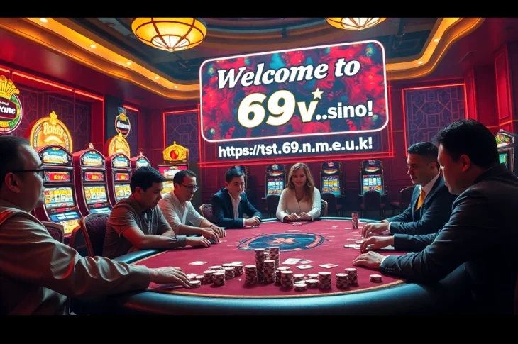 Experience the thrill of high-stakes poker at https://69vn.me.uk/, where seasoned players focus intently on their game amidst flashing slot machines.
