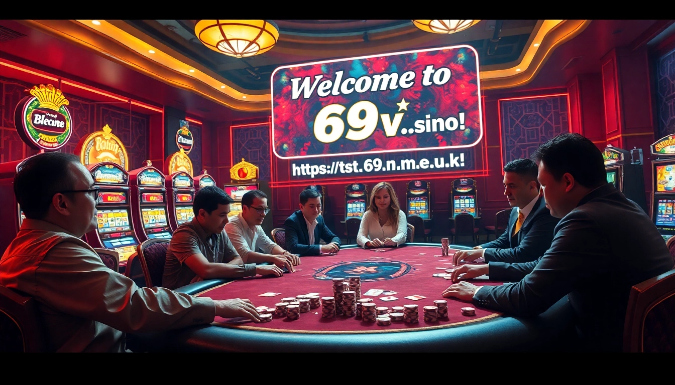 Experience the thrill of high-stakes poker at https://69vn.me.uk/, where seasoned players focus intently on their game amidst flashing slot machines.