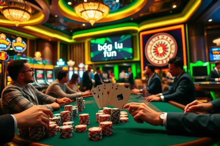 Experience the thrill of "bong da lu fun" at a lively casino poker table showcasing players engaging in high-stakes action.
