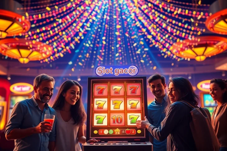 Experience the thrill of "Slot gacor" with players celebrating big wins at an online casino slot machine.