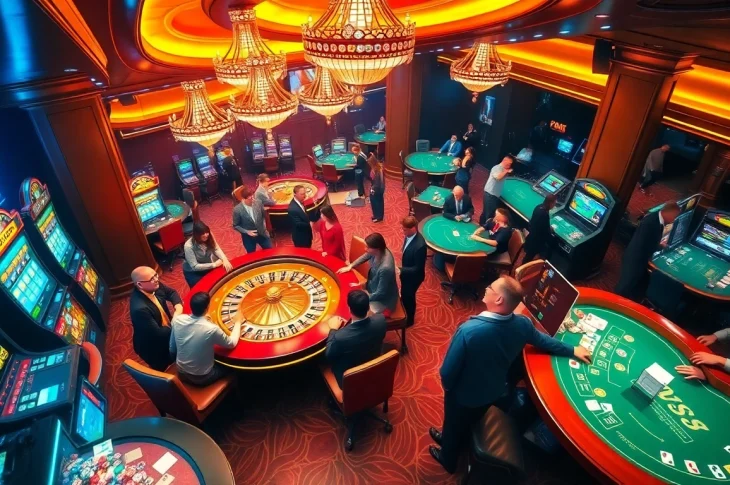 Experience the excitement of the top 10 game bài đổi thưởng in a bustling casino setting with players and vibrant tables.