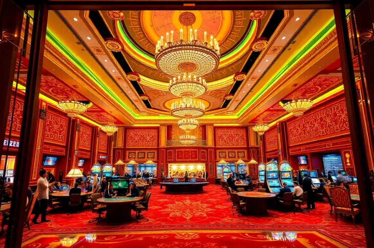 Explore the stunning gaming floor of a Singapore Casino Site, featuring excited players and luxurious decor.