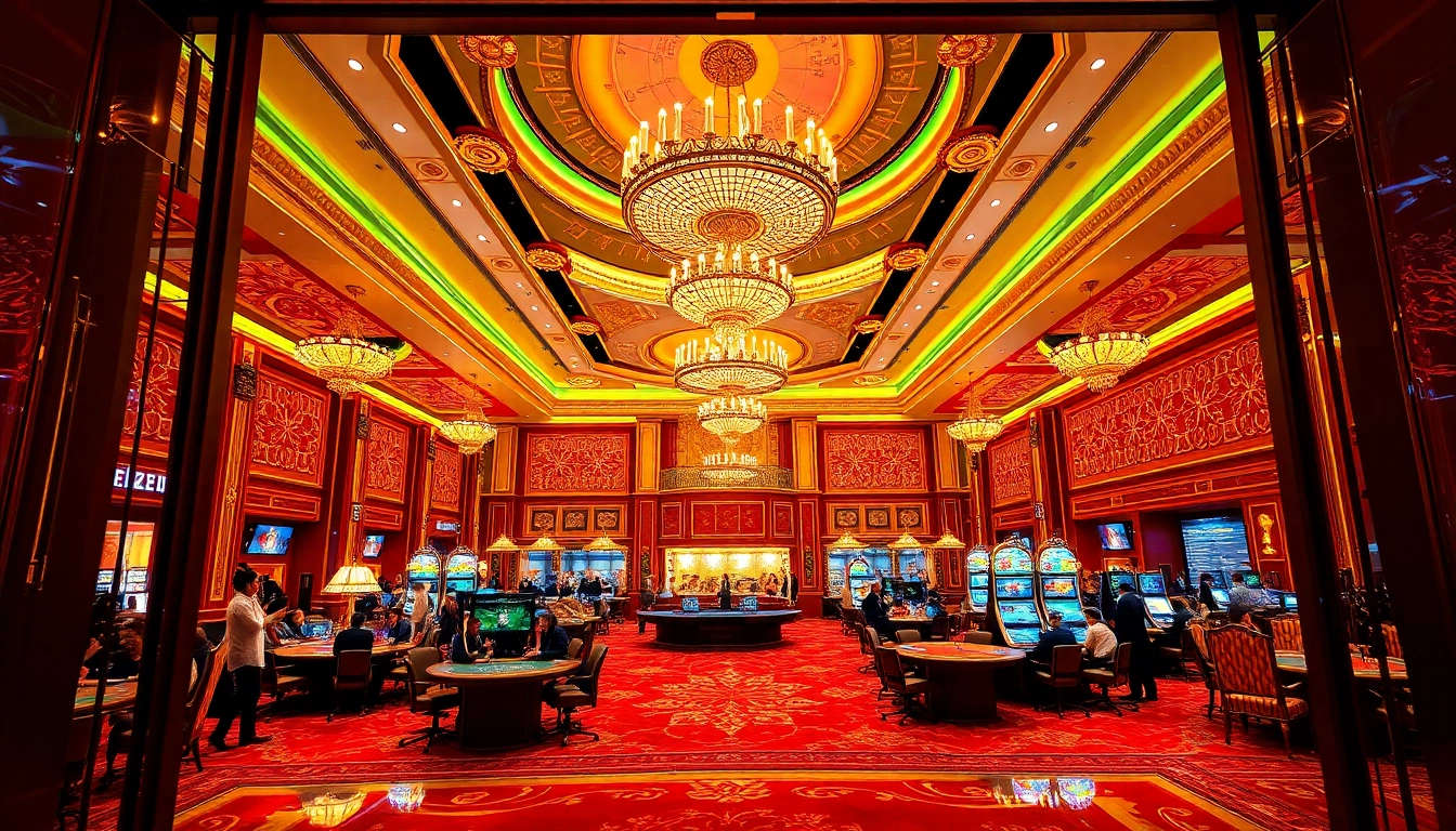 Explore the stunning gaming floor of a Singapore Casino Site, featuring excited players and luxurious decor.