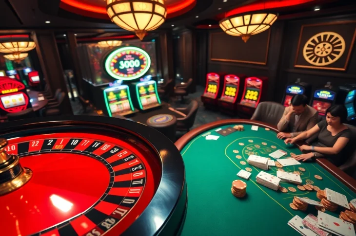 A dynamic casino scene showcasing roulette and poker tables, evoking excitement at https://ketqua24.net/ for gambling enthusiasts.