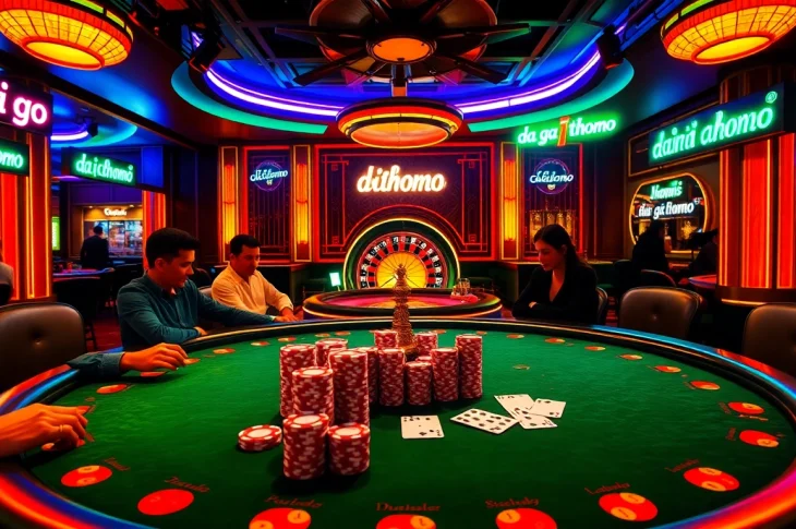 Experience da ga thomo excitement with players at a vibrant casino poker table, showcasing chips and cards.