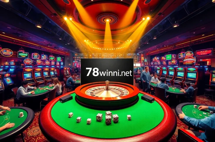 Experience thrilling casino action at 78winni.net with players at poker tables, vibrant slot machines, and lively roulette.