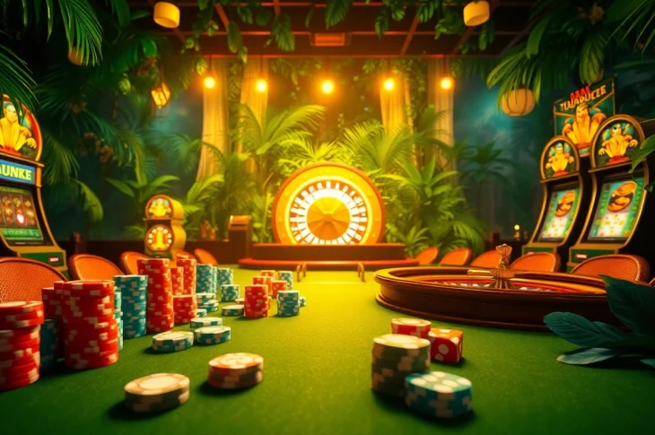 Experience thrilling excitement in Lucky Jungle casino with vibrant poker chips and roulette wheel amidst lush greenery.