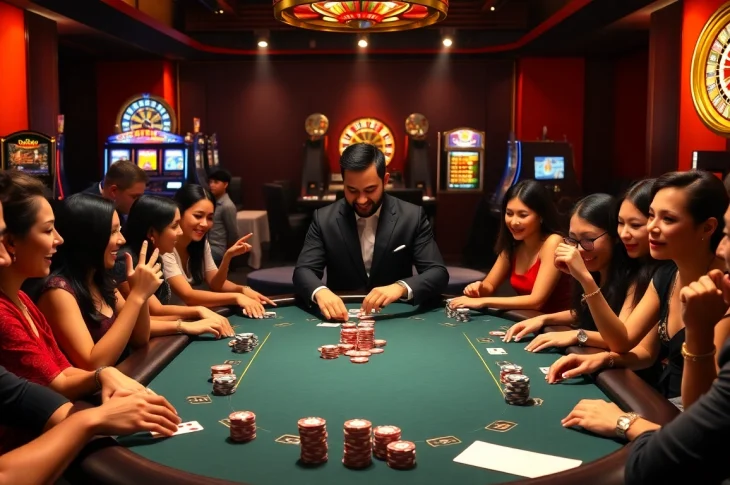 Experience the excitement of the Y999 Game poker table, with players immersed in action and colorful chips all around.