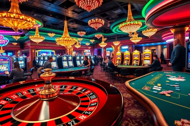 Experience the thrill of ai porn chat while placing bets at a lively casino with vibrant lights and roulette.