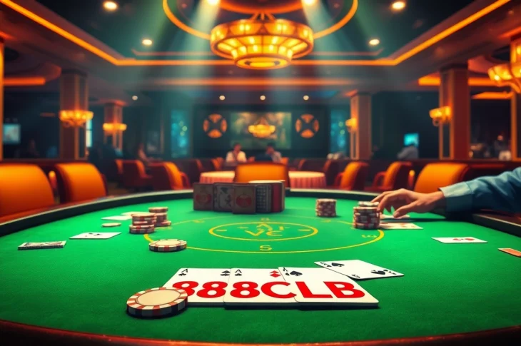 Experience the thrilling action of 88CLB poker at an upscale casino table with vibrant colors and intense player focus.