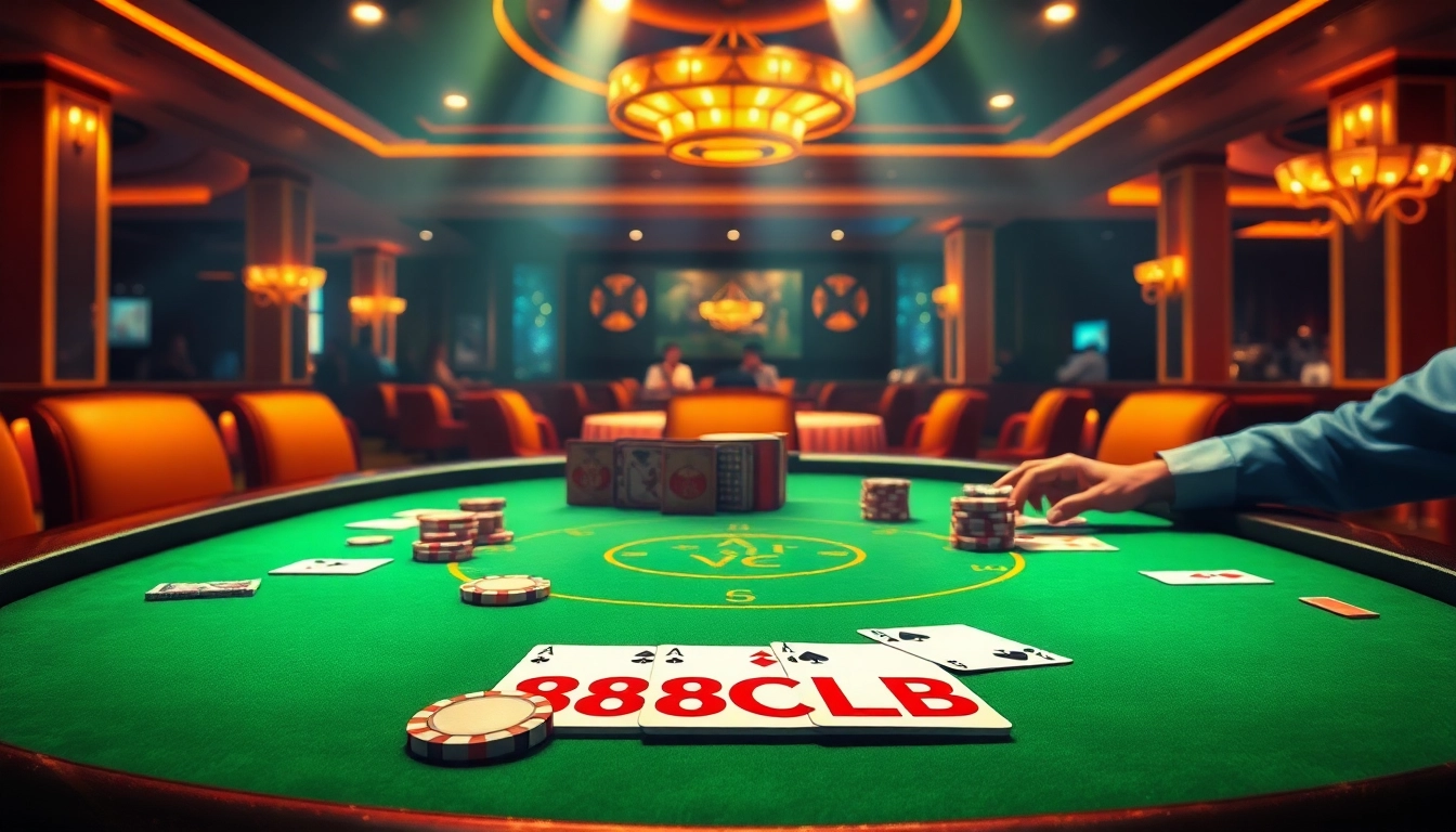 Experience the thrilling action of 88CLB poker at an upscale casino table with vibrant colors and intense player focus.