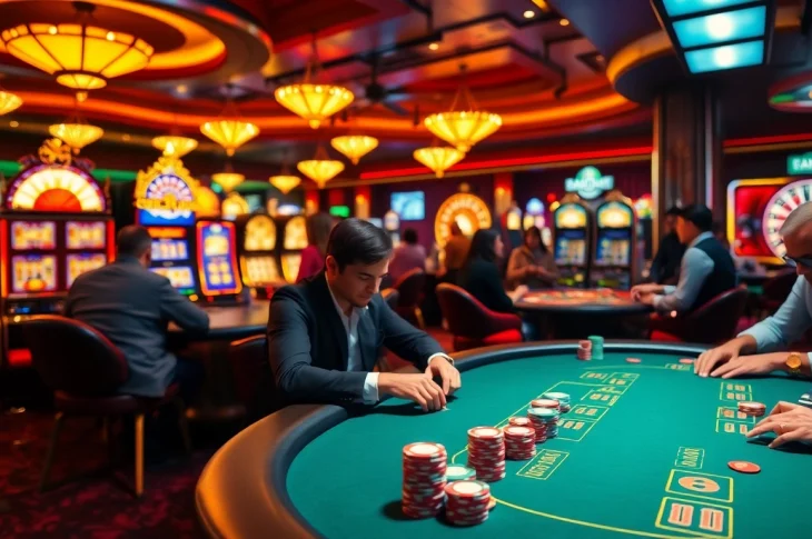 Engaging poker players at FB88 display chips and cards in an exciting casino atmosphere.