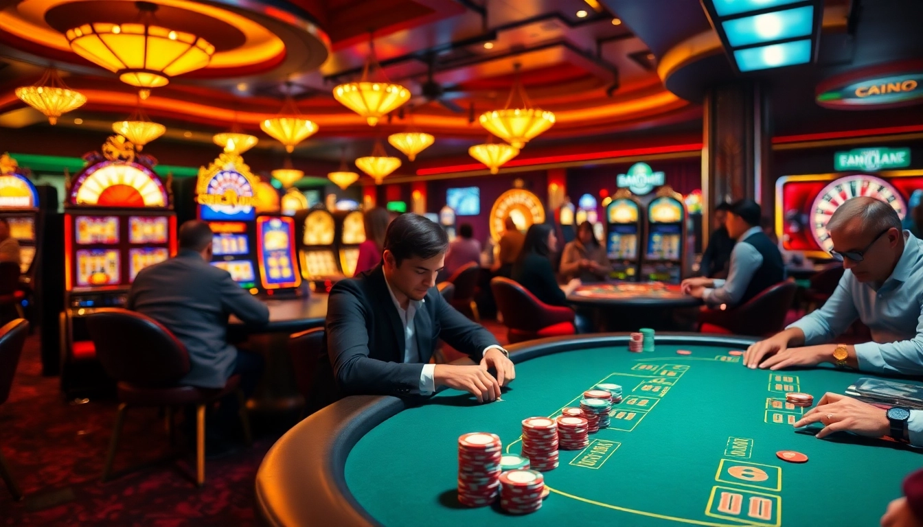 Engaging poker players at FB88 display chips and cards in an exciting casino atmosphere.
