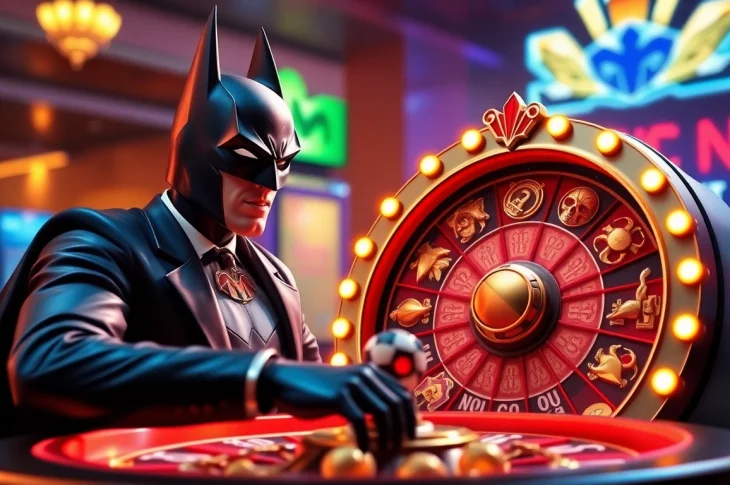 Mainkan judi slot online batman138 dengan mesin slot berwarna cerah dan pemain yang bersemangat.