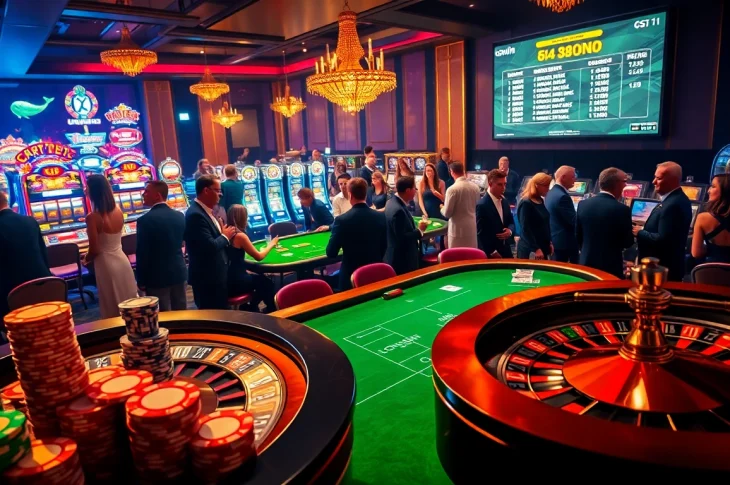 Experience the thrilling atmosphere of ggwin casino with players enjoying blackjack and roulette in a lively setting.